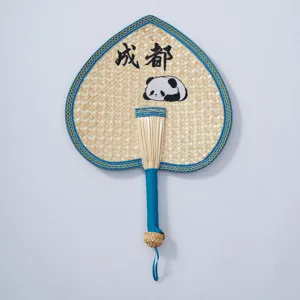 Handwoven straw fan summer cooling fan Chinese style cute panda pattern blue edge portable fan