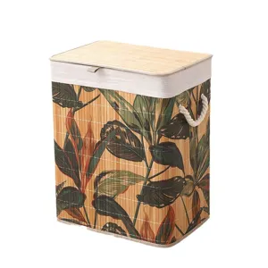 Cesta para ropa sucia de bambú plegable con tapa y asas de cuerda para el hogar.