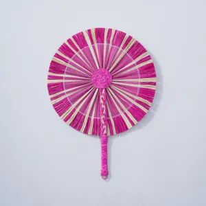 Handmade woven straw fan, traditional colorful summer cooling hand fan for kids and home use.