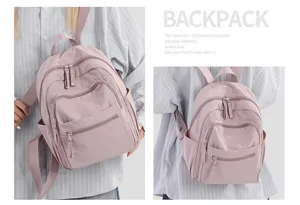 Casual nylon travel backpack for women, lightweight multi-pocket daypack in light pink.