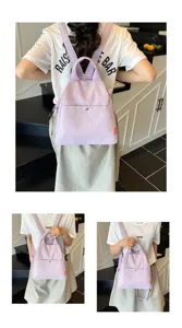 Minimalist multi-functional candy-color backpack showing daily commuting and travel details.