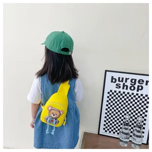 Kids cartoon bear yellow chest bag, cute casual crossbody bag for boys and girls daily use.