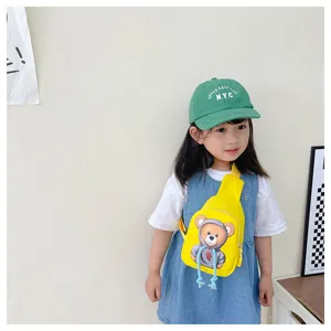 Kids yellow cute cartoon bear chest bag detail view, fashion children sling bag showcase