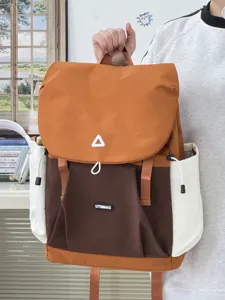 Colorblock canvas backpack for women, casual daily travel bookbag with large capacity laptop storage.