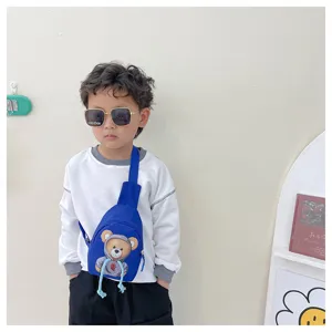 Kids fashion chest bag detail view, cute cartoon bear crossbody sling bag for boys and girls style.