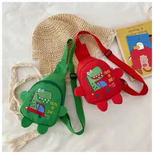 Schattige cartoon dinosaurus kinderen borsttas canvas schoudertas detailweergave voor kleuters.
