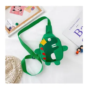 Sac à bandoulière dinosaure pour enfants, sac de poitrine en toile mignon vert, voyage en plein air.