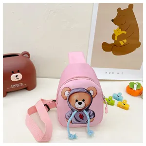 Pink cute cartoon bear kids chest bag casual crossbody bag for boys and girls daily use