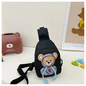 Detailed view of a cute black kids chest bag with trendy bear hoodie graphic and blue drawstrings.