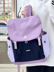 Casual purple colorblock canvas backpack for daily commute, campus and travel, detailed view.