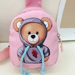 Pink cute children chest bag with cartoon bear print, stylish canvas crossbody bag for kids.
