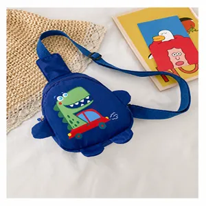 Kinderen blauwe canvas crossbody tas met schattige dinosaurus cartoon print voor dagelijks.