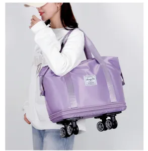 Purple large capacity travel bag with universal wheels, expandable design and durable handles.