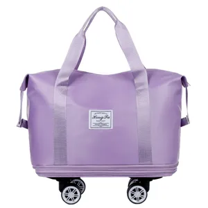 Purple rolling travel duffel bag with wheels, large capacity waterproof luggage for business trips.