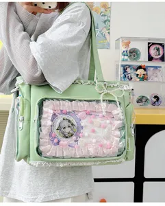 Bolso tote Ita verde de estilo japonés de gran capacidad con ventana transparente.