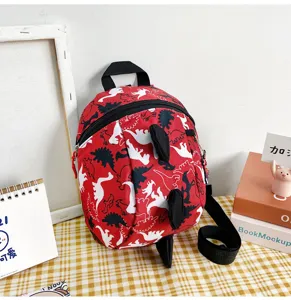 Kids red dinosaur print toddler backpack with anti-lost strap, cute and practical for daily use.