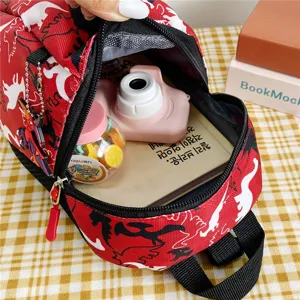 Toddler dinosaur backpack red black cute canvas anti-lost children school bag for 1-3 years old