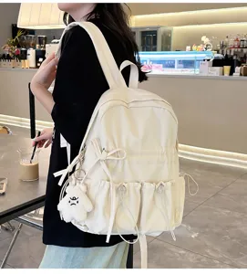 Niche design pleated canvas backpack lightweight bow school bag casual travel daypack