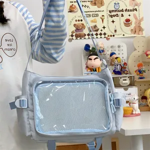 Japanese style clear window ita bag detail view, large capacity messenger bag for pins.