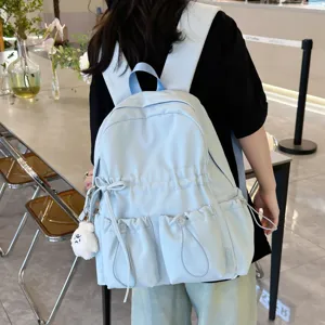 Casual Nylon Pleated Backpack For Women Travel School Bag With Bow And Cute Pendant Lightweight Daypack