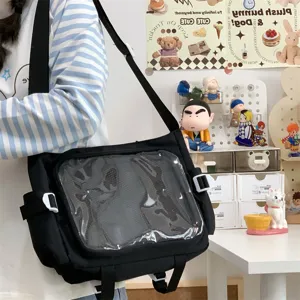 Japanese style student canvas messenger bag with clear window ita bag cute crossbody shoulder bag