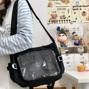 Detailed view of black ita messenger bag with clear front pocket and canvas strap for students.