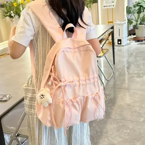 Pink Ruffle Backpack Casual Daypack with Cute Bear Pendant for School and Daily Travel