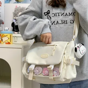 Canvas messenger ita bag with transparent window, cute college style student crossbody bag.