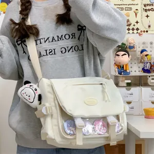 Cute college style canvas messenger pain bag, large capacity transparent ita bag for students.