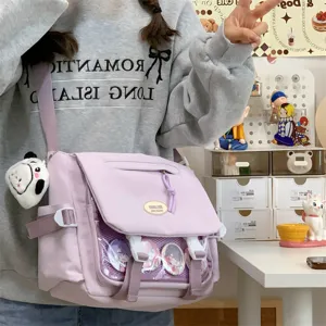 Cute Japanese college style ita bag canvas messenger bag with clear window for pins.
