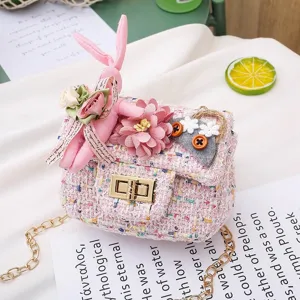 Cute kids tweed shoulder bag with plush rabbit pink crossbody bag for girls candy wallet