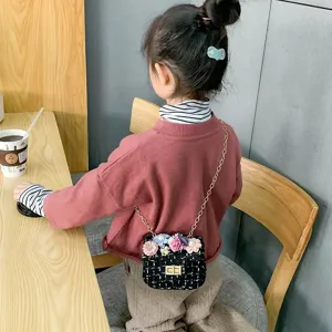 Cute girls tweed shoulder bag with floral and pearl accents, stylish chain messenger bag.