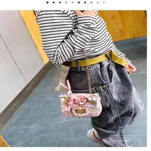 Cute little girl tweed shoulder bag with rabbit and flower charms, stylish messenger bag.