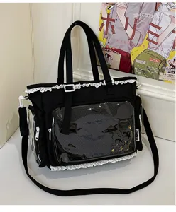 Bolso tote negro de estilo japonés gran capacidad con bolsillo transparente y encaje dulce.