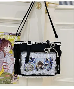Bolso Ita negro gran bolso tote de lona estilo dulce ventana transparente encaje perla