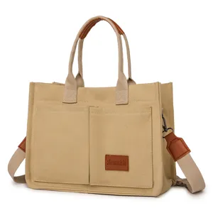 Canvas tote bag detail view, khaki office commuting bag with dual handles and front pockets.