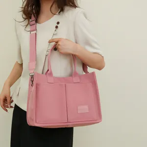 Pink felt tote bag with shoulder strap, casual multi-pocket handbag for daily commute office.
