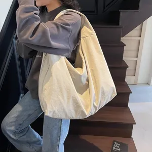 Women's Large Capacity Tote Bag Minimalist Solid Color Casual Shoulder Bag Nylon Commuter Hobo Handbag