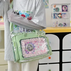 Gran bolso tote ita de estilo dulce japonés con ventana transparente y lazos de cinta.