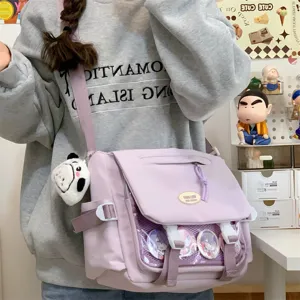 Cute Japanese college style lavender messenger bag with clear PVC badge window for students.