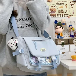 Cute Japanese style student messenger bag with transparent window, large capacity casual blue itabag.