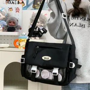 Cute Japanese style ita bag with clear window and badges, large capacity messenger bag for daily.