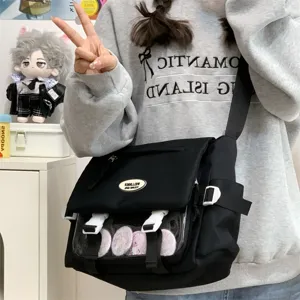 Japanese student canvas messenger bag with clear ita window for cute pins and daily commute.