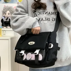 Cute black ita bag canvas messenger bag clear window shoulder bag for students casual daily use
