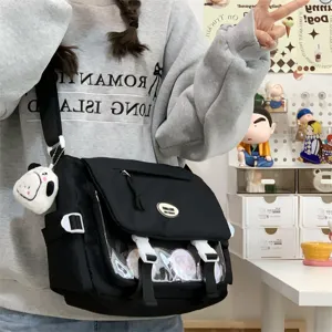 Black ita messenger bag with transparent window, large capacity casual crossbody bag for students.