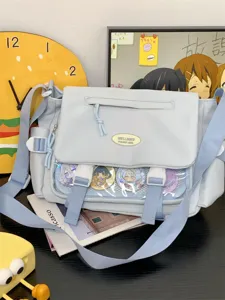 Cute Japanese style student messenger bag with transparent ita bag pocket for enamel pins.