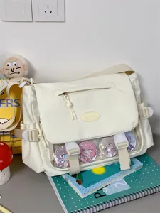 Close-up detail of the Japanese student ita bag, showing the clear badge display window.