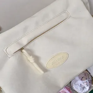 Japanese style white canvas messenger bag, cute student shoulder ita bag with front pocket.