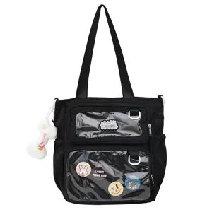 Black transparent canvas itabag large capacity shoulder school bag with cute badges and pendant