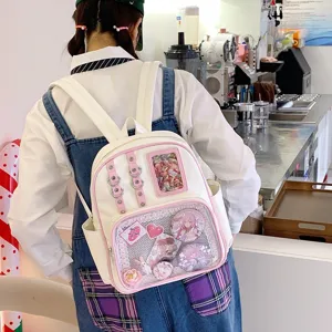 Sac a dos Ita transparent Mignon en PU Cuir Cartable Sac d ecole avec poche pour femmes et filles